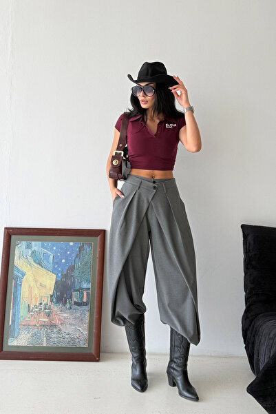 Ortaya Çık Pantaloni din material textil, culoare antracit, cu curea dublă și croială tip butoiaș