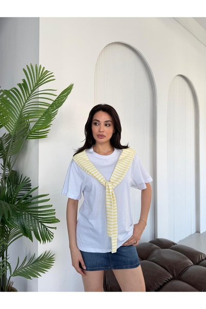 ELBEY White Garnished Striped Detailed Basic T-Shirt