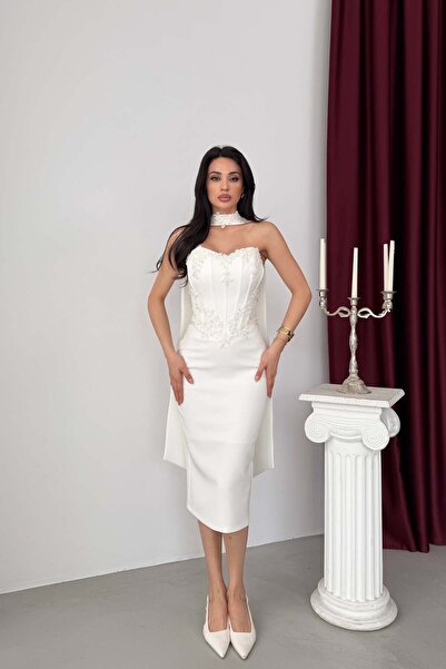 Serica Moda White Embroidered Midi Evening Dress with Scarf