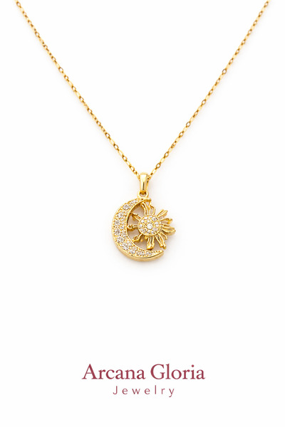 Gold Kararmaz Zirkon Taşlı Güneş Ay Şık Günlük Çelik Kolye