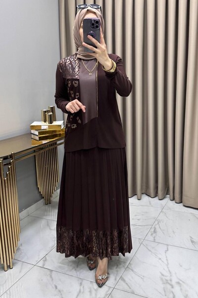 Hürrem Derya Varaklı Takım İthal Sandy Kumaş Kadın Kahverengi Varak Detaylı P...