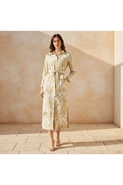 Iconic Printed Women Linen Blend Shirt Dress with Tie-Up Belt