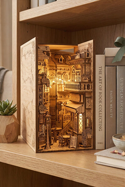 ALGWOOD European Alley Book Nook Ahşap 3D Maket (263 Parça) – LED Işıklı Deko...