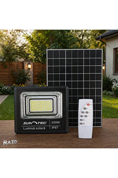 Razo Proiector LED cu incarcare solara 200W, Telecomanda, IP67, Iluminare put...