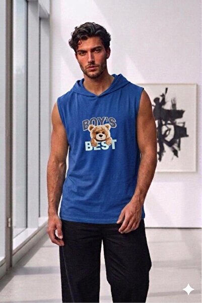 NO 601 Men's Saks Blue Hooded Sleeveless Undershirt Boys Bear Printed Tshirt
