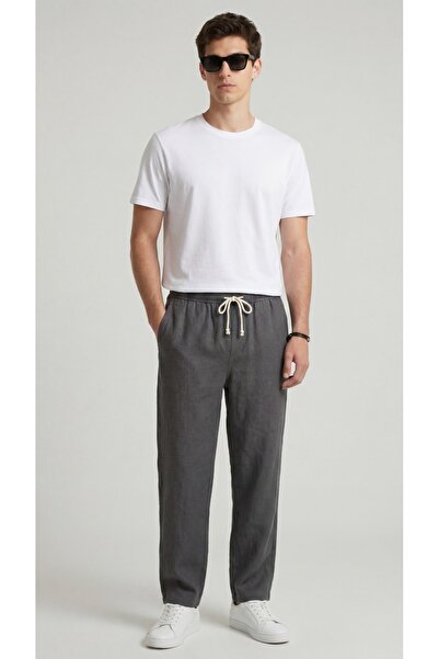 Leopars Men's Smoked Linen Trousers Muslin Fabric Oversize Comfortable Fit Da...