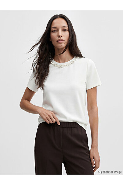 LC Waikiki Peak New Season White Crew Neck Stoned Soft Touch Women's T-Shirt