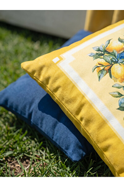 Ephesus Lemon Pattern Blue, Yellow, White Square Cushion 43 x 43 Cm Double Sided Cushion Cover