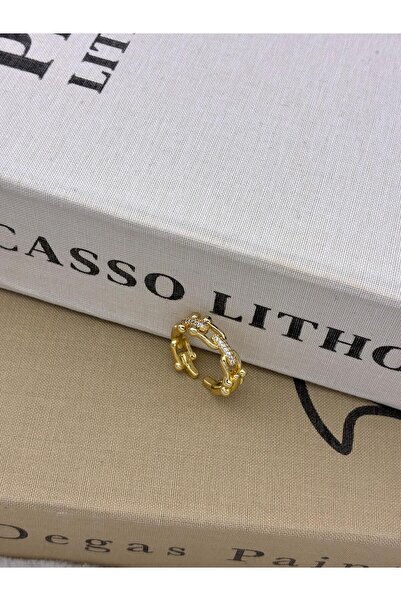 Hedef Bijuteri Gold Color Zircon Stone Tfny Lock Detail Adjustable Brass Ring T2