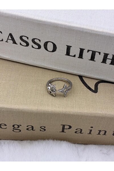 Hedef Bijuteri Silver Color Zircon Stone Star Detail Adjustable Brass Ring T2