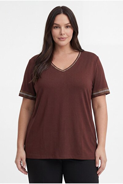 Ebsumu Women's Plus Size V-Neck Stoned Brown Blouse