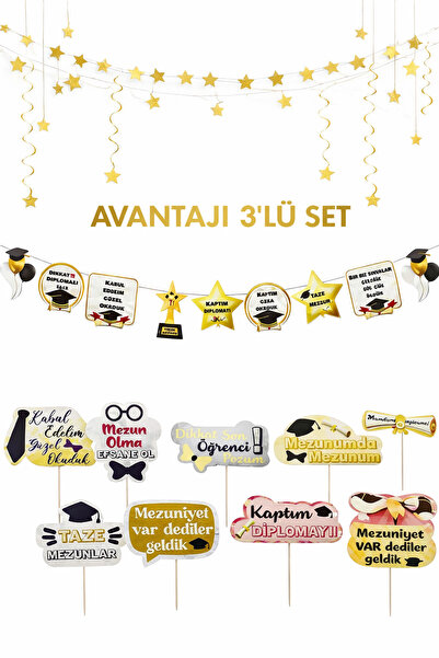 Dizayn Parti Evi DZYN Mezuniyet Süsleri 3’lü Set Yıldız Sarkıt + Banner + Kon...