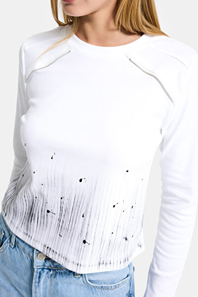 it's basic Women's White W5 Special Printed Fabric Zipper Detailed Design Bod...