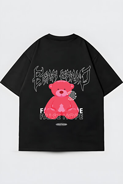 FUWEAR Tricou unisex negru oversize cu imprimeu False Hope Teddy Bear