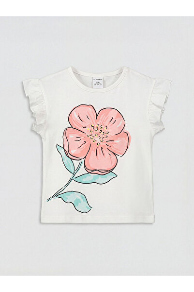 LC Waikiki Lc Waikikiwhite Crew Neck Printed Girls' Ruffle T-Shirt