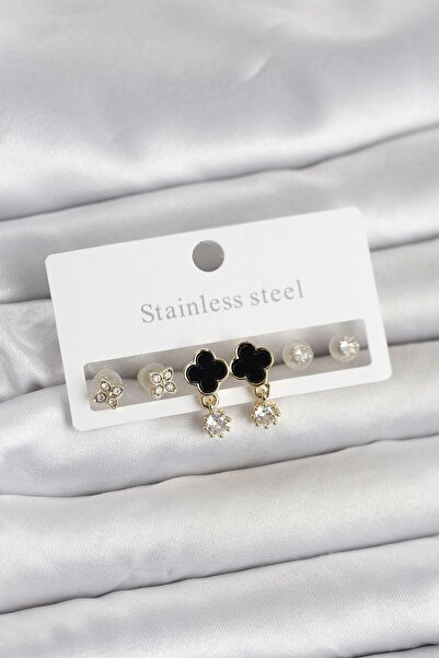 sylar 316L Steel Gold Color Clover Detailed Women's Earring Set