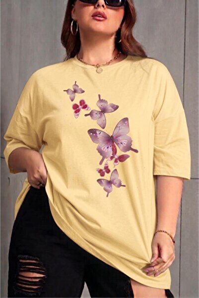 Oksit Γυναικείο βαμβακερό μπλουζάκι με στάμπα πεταλούδας, μεγάλο μέγεθος, με ...