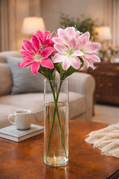 aymumi home Yapay Çiçek 2’li Set – Pembe Beyaz Dekoratif Lilyum Dal (Cam Vazo...