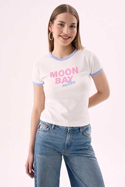 CrepTekstil Crep Women's Moon Bay Malibu Printed Contrast Ribbed Crew Neck Cr...