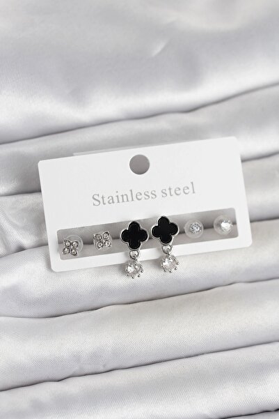 sylar 316L Steel Silver Color Clover Detailed Women's Earring Set