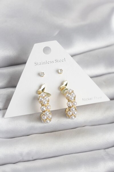 sylar Brass Gold Color Butterfly Detailed Women's Earring Set