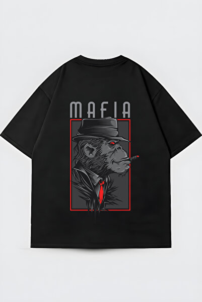 FUWEAR Tricou unisex negru oversize cu imprimeu Mafia Monkey