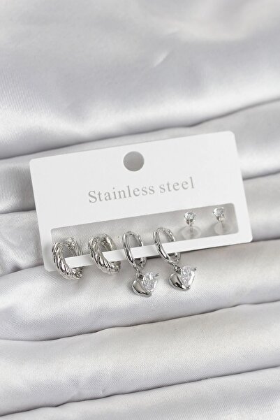 sylar 316L Steel Silver Color Heart Detailed Women's Earring Set