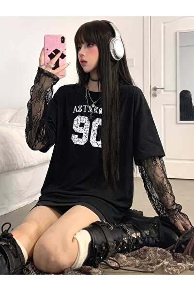 Touz Moda Μπλουζάκι Oversize Streetwear με Δαντέλα Μποέμ και Αριθμό 90