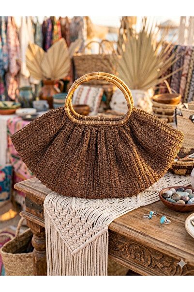 La Creafile Bambu Saplı El Örgüsü Rafya El Çantası - Kahverengi Boho Stil