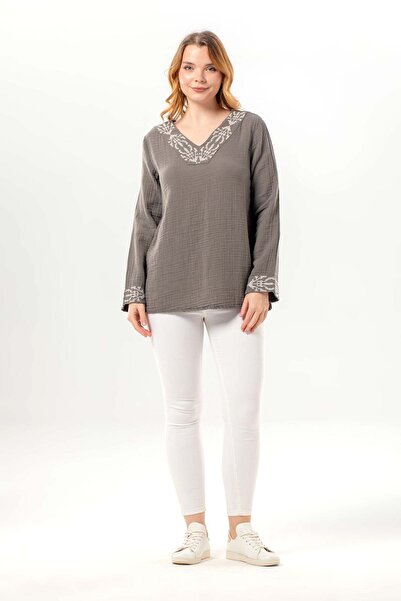 Eliş Şile Bezi بلوزة نيرفانا صيفية مطرزة بأكمام طويلة وياقة على شكل حرف V من ...