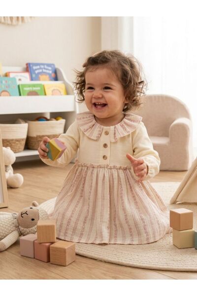 Cherrys Bebek فستان موسلين مخطط مكشكش للفتيات الصغيرات