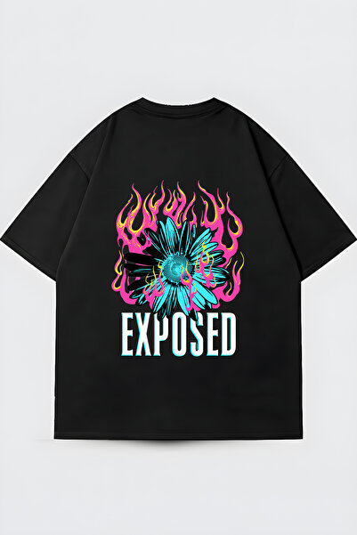 FUWEAR Tricou unisex negru oversize cu imprimeu cu flori de margarete și flac...