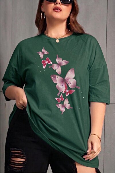 Oksit Γυναικείο βαμβακερό μπλουζάκι με στάμπα πεταλούδας, μεγάλο μέγεθος, με ...