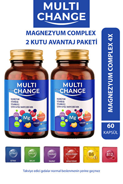 Multi change Magnezyum Complex 4X (Bisglisinat, Sitrat, Malat, Taurat) + B6 v...