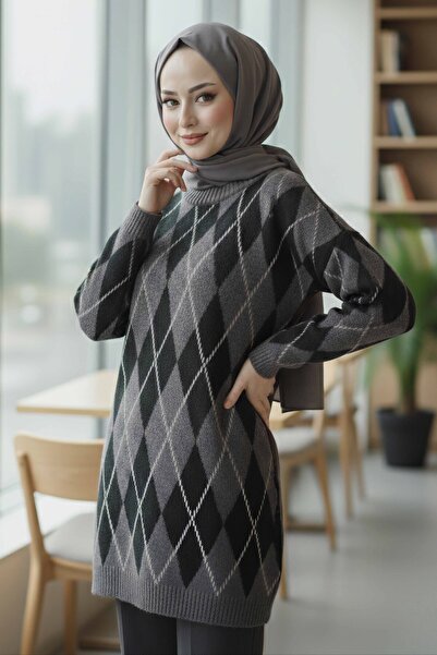 TOFİSA Πλεκτό πουλόβερ με σχέδιο μπακλαβά Μαύρο - 28244-ΜΑΥΡΟ