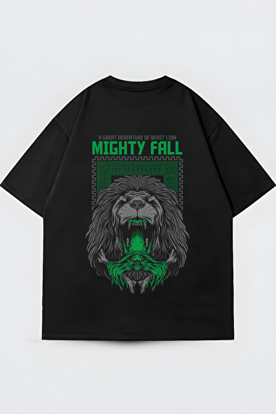 FUWEAR تي شيرت أسود كبير الحجم للجنسين مطبوع عليه Mighty Fall Lion ذو ياقة دا...