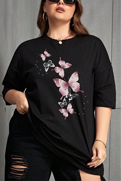 Oksit Γυναικείο βαμβακερό μπλουζάκι με στάμπα πεταλούδας, μεγάλο μέγεθος, με ...