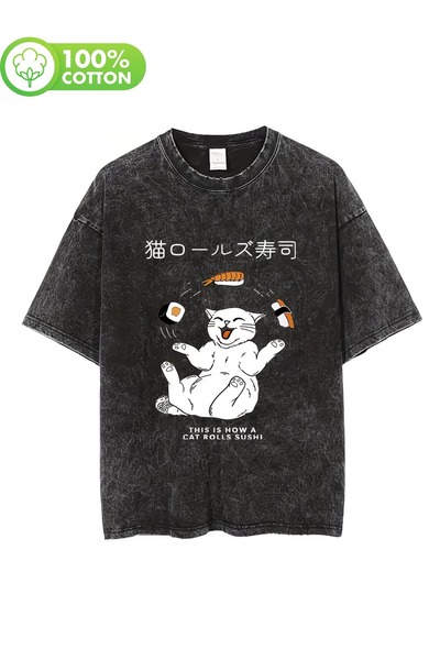 Touz Moda Ρετρό γλυκό χαριτωμένο μπλουζάκι με στάμπα γάτας, unisex, που πλένε...