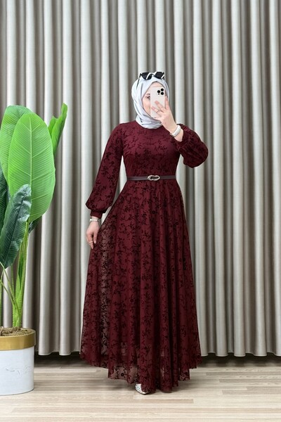 Hürrem ROMANTİK ABİYE Likralı Flok Kumaş Kadın Bordo Kemerli Tesettür Şık Elbise