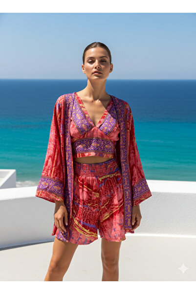 Enuverbi 3’lü İpek Set - Etnik Desenli Kimono, Gipe Detaylı Büstiyer ve Şort ...