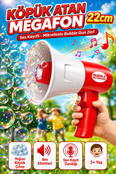 YILDIRIM OYUNCAK Ses Kayıtlı Mikrofonlu Köpük Atan Megafon 22cm – Sürekli Köp...