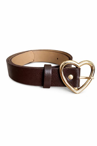 kemer krallığı Women's Gold Heart Buckle Brown Belt
