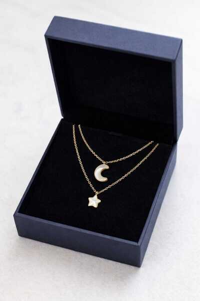 Yağmur Women's Necklace Star Moon 2 Li Mother's Day Birthday Friend Valentine's Day Gift Jewelry White Color