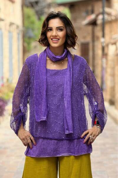 Nevin Kaya Moda Μωβ Ιταλική Μπλούζα με Φουλάρι και Διχτυωτή Λεπτομέρεια