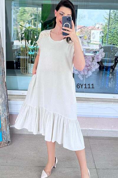 İnce Topuk Φόρεμα από ακατέργαστο λινό με λεπτομέρεια δαντέλας 6y111