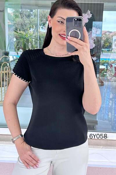 İnce Topuk Μπλούζα Πλεκτή Mercerized με Πέρλες στα Μανίκια 6y058