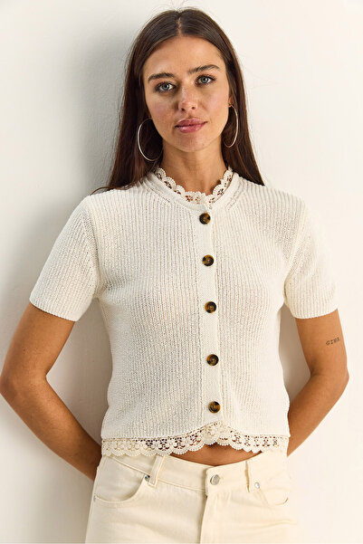 Bianco Lucci Women's Lace Detailed Buttoned Short Sleeve Knitwear Cardigan Th...