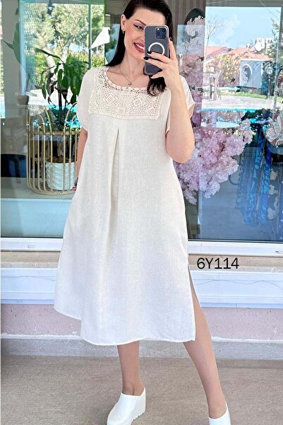İnce Topuk Φόρεμα από ακατέργαστο λινό με δαντέλα στο λαιμό 6y114