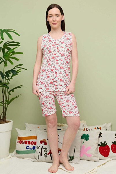 Fulla Moda Σετ πιτζάμες κάπρι χωρίς μανίκια με φλοράλ πουά σχέδιο σε μεγάλο μ...