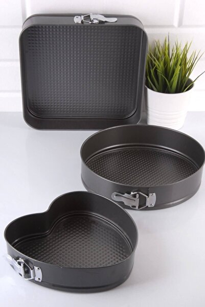 Senin Dükkanın 3 Piece Metal Clamp Cake Mold Set (heart + Round + Square) Black